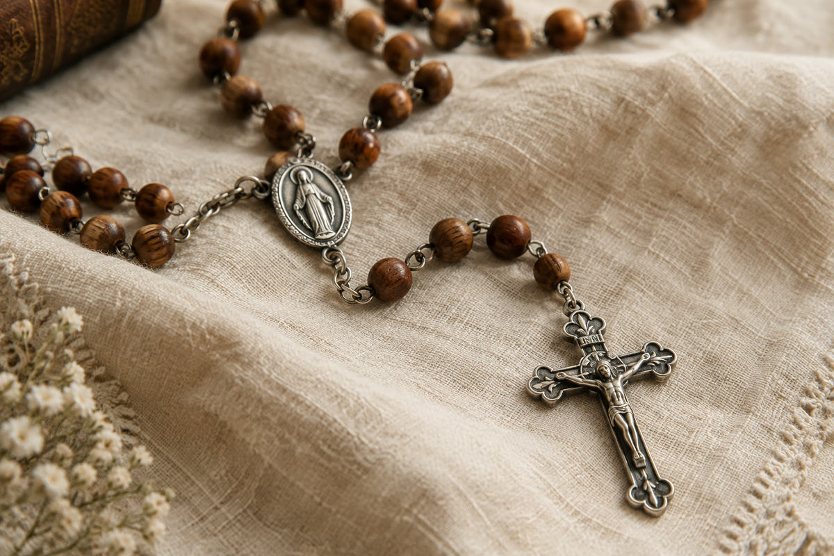 Chapelet catholique en bois d'olivier avec crucifix argenté posé sur tissu de lin – objet de dévotion mariale