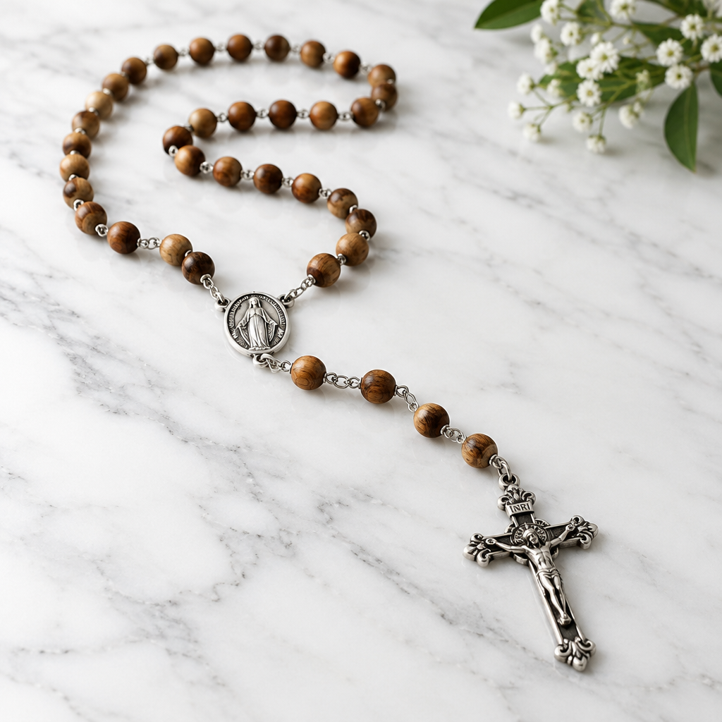 Chapelet catholique en bois avec crucifix argenté