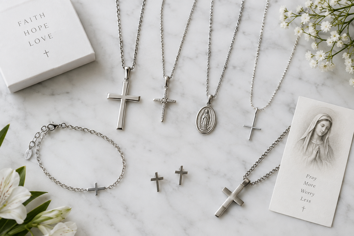 Collier Pendentif Et Croix Pour Femme Argent et Acier Inoxydable