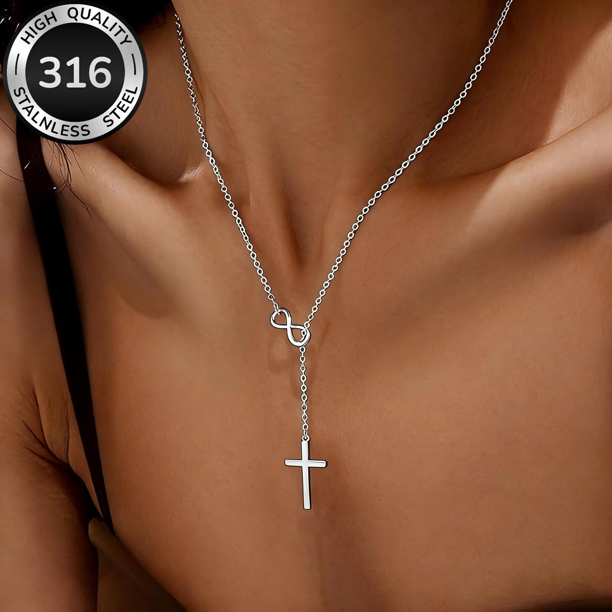 Collier Chapelet Croix en Y en Acier Inoxydable pour Femme