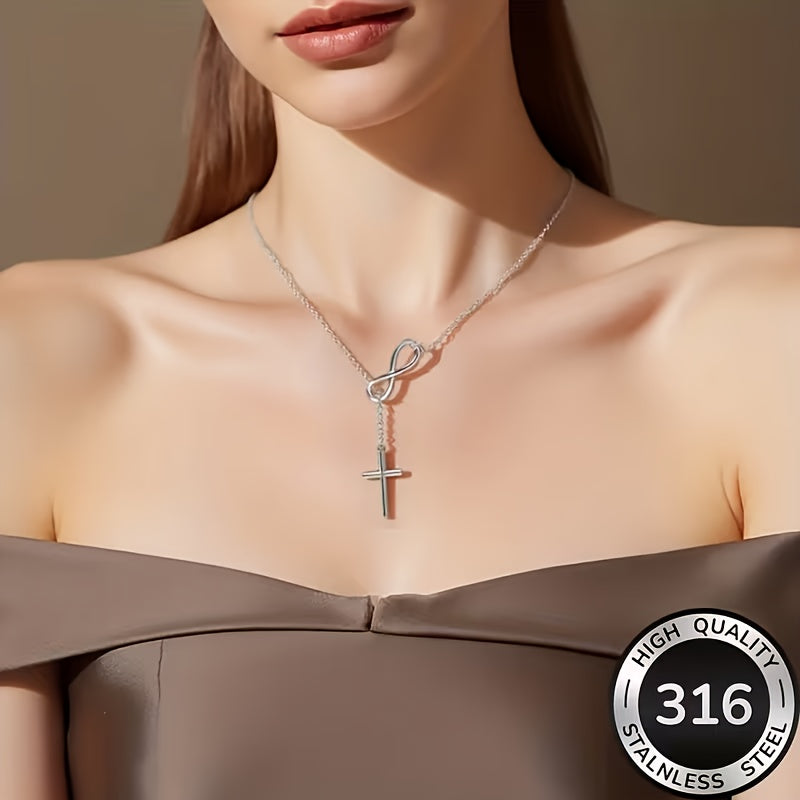 Collier Chapelet Croix en Y en Acier Inoxydable pour Femme
