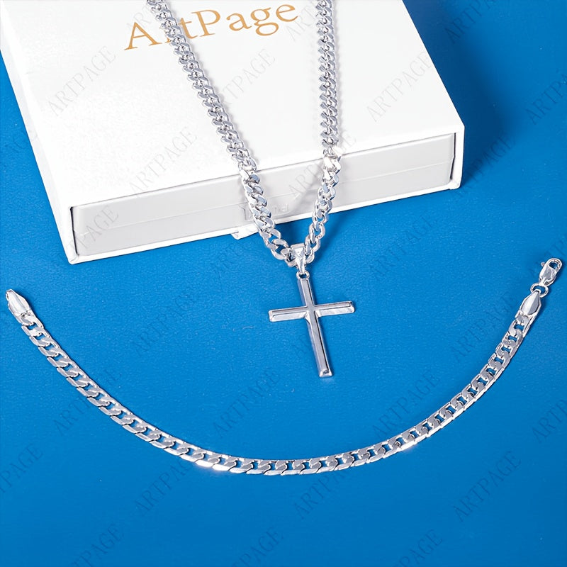 Collier Pendentif Croix Homme en Argent 925 avec Bracelet