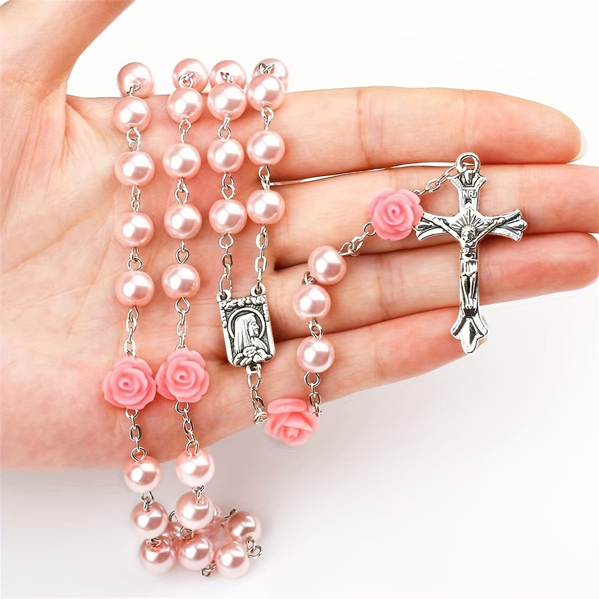 Collier Chapelet Croix Vintage en Résine Rose