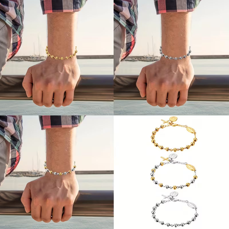Bracelet Rosaire Croix en Acier Inoxydable Ajustable Unisexe
