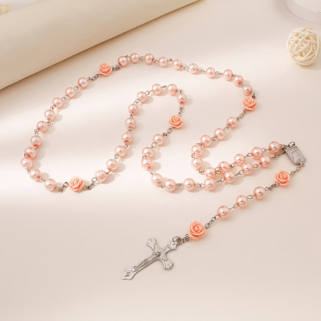 Collier Chapelet Croix Vintage en Résine Rose