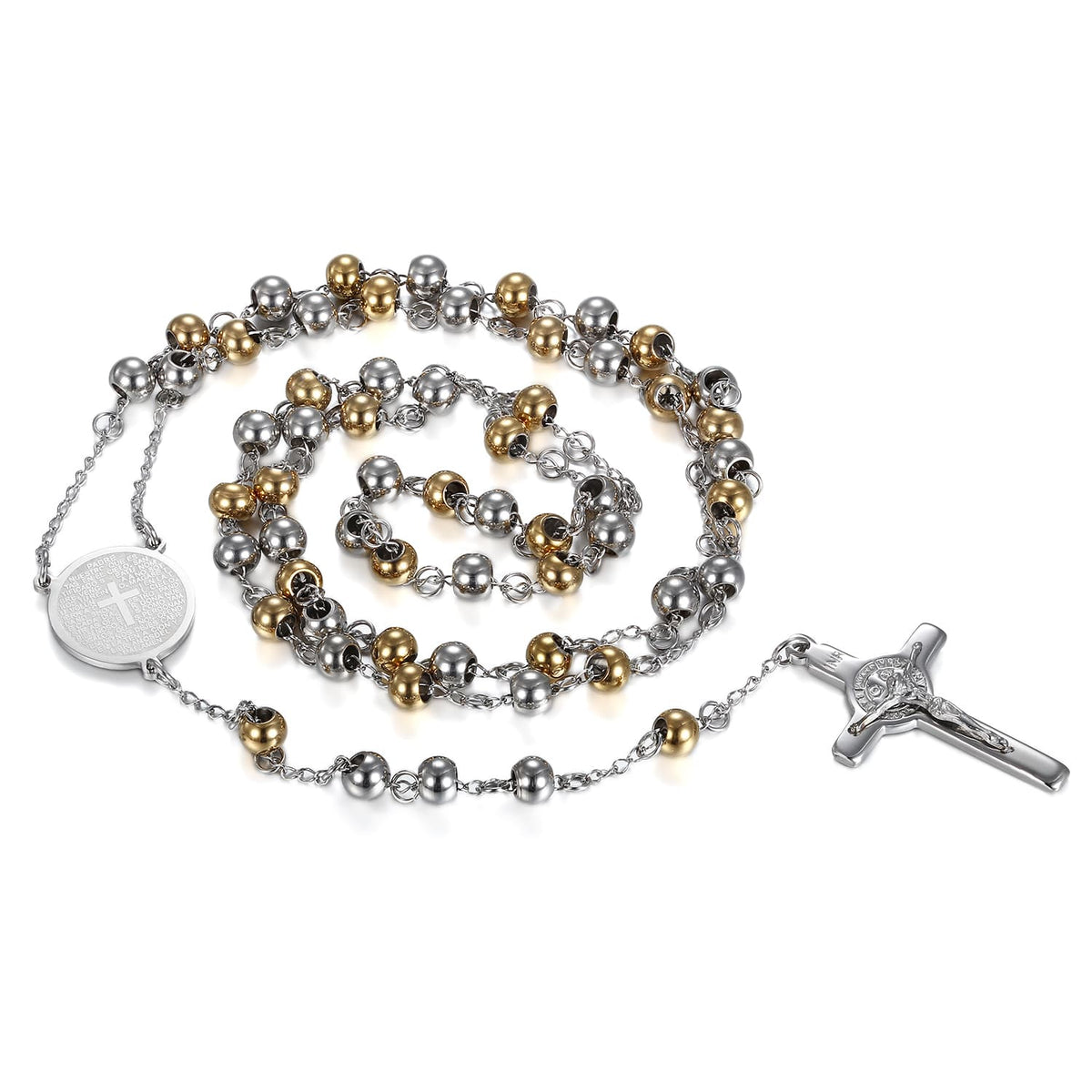 Collier Chapelet Croix Marie et Jésus en Acier Inoxydable 75 cm