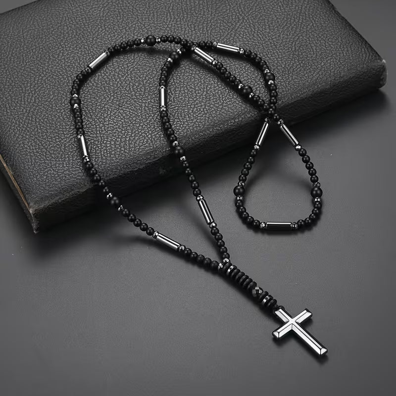 Collier Pendentif Croix en Perles Noires 4 mm pour Homme