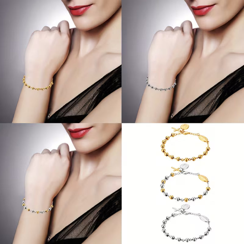Bracelet Rosaire Croix en Acier Inoxydable Ajustable Unisexe