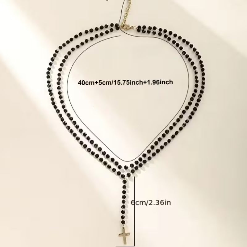 Collier Pendentif Croix Vintage Double Couche à Perles Noires