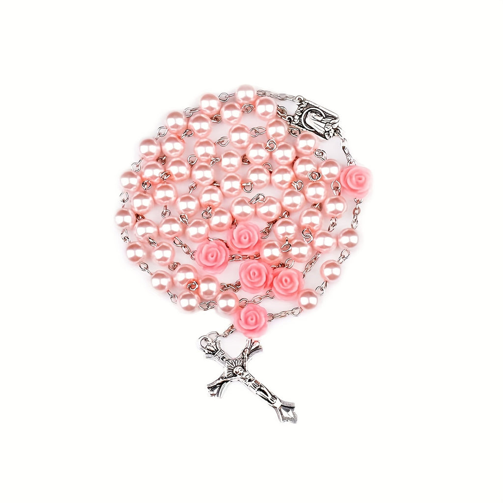 Collier Chapelet Croix Vintage en Résine Rose