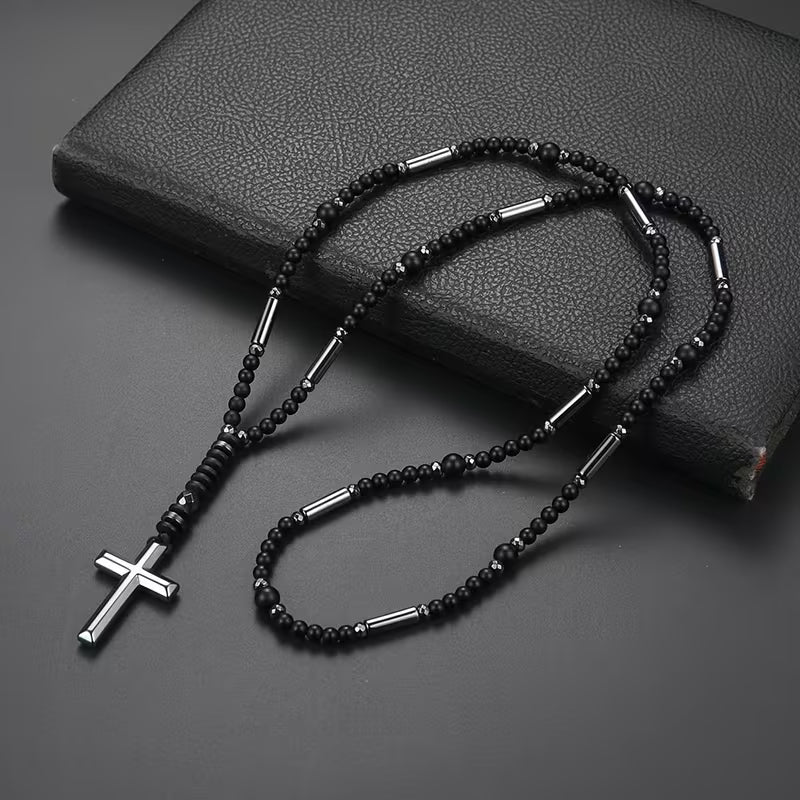 Collier Pendentif Croix en Perles Noires 4 mm pour Homme