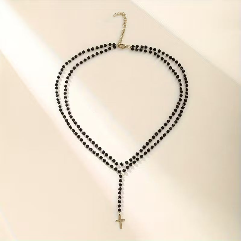 Collier Pendentif Croix Vintage Double Couche à Perles Noires