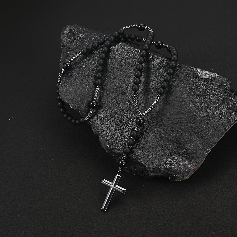 Collier Pendentif Croix en Perles 8 mm pour Homme