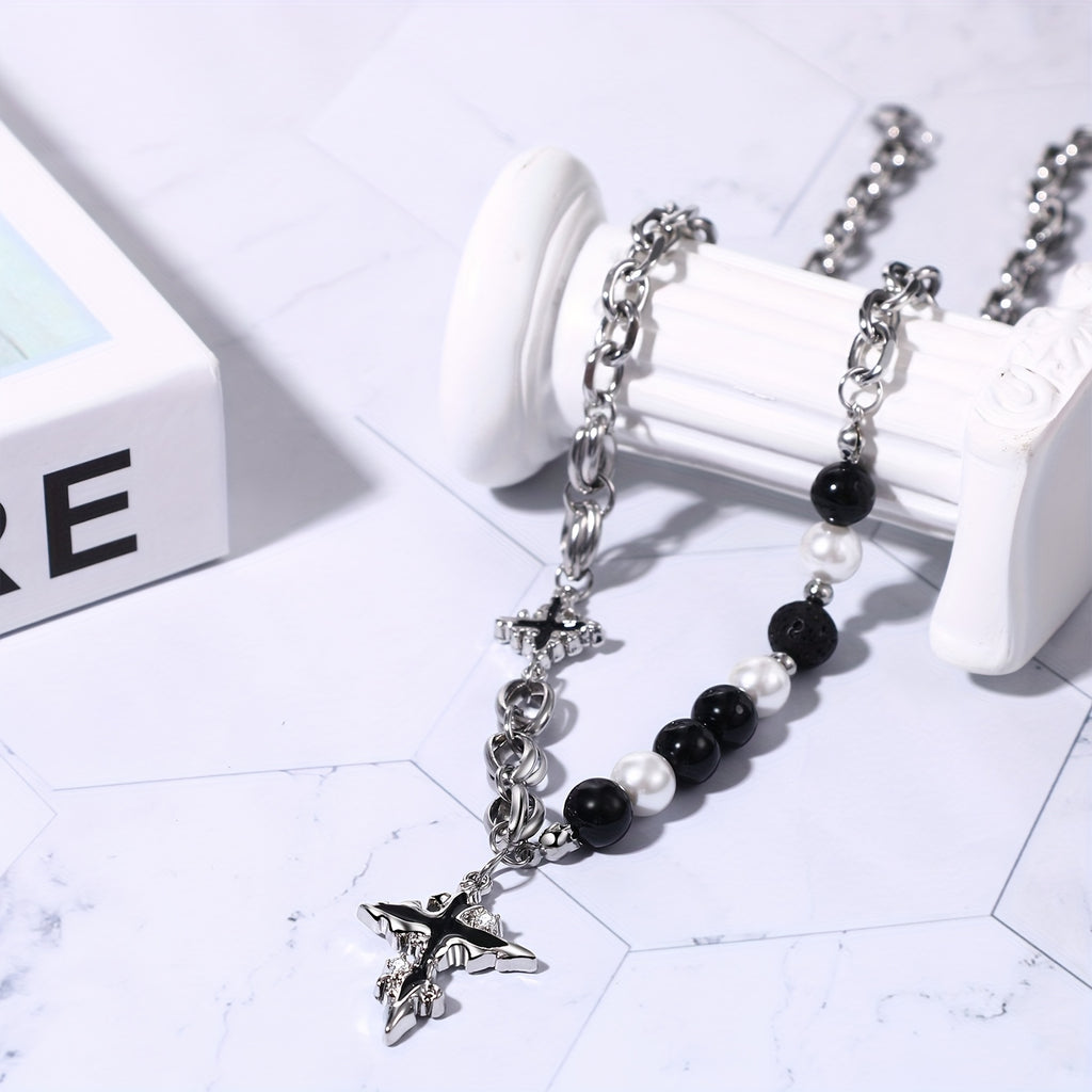 Collier Pendentif Croix en Obsidienne Noire Ajustable Unisexe