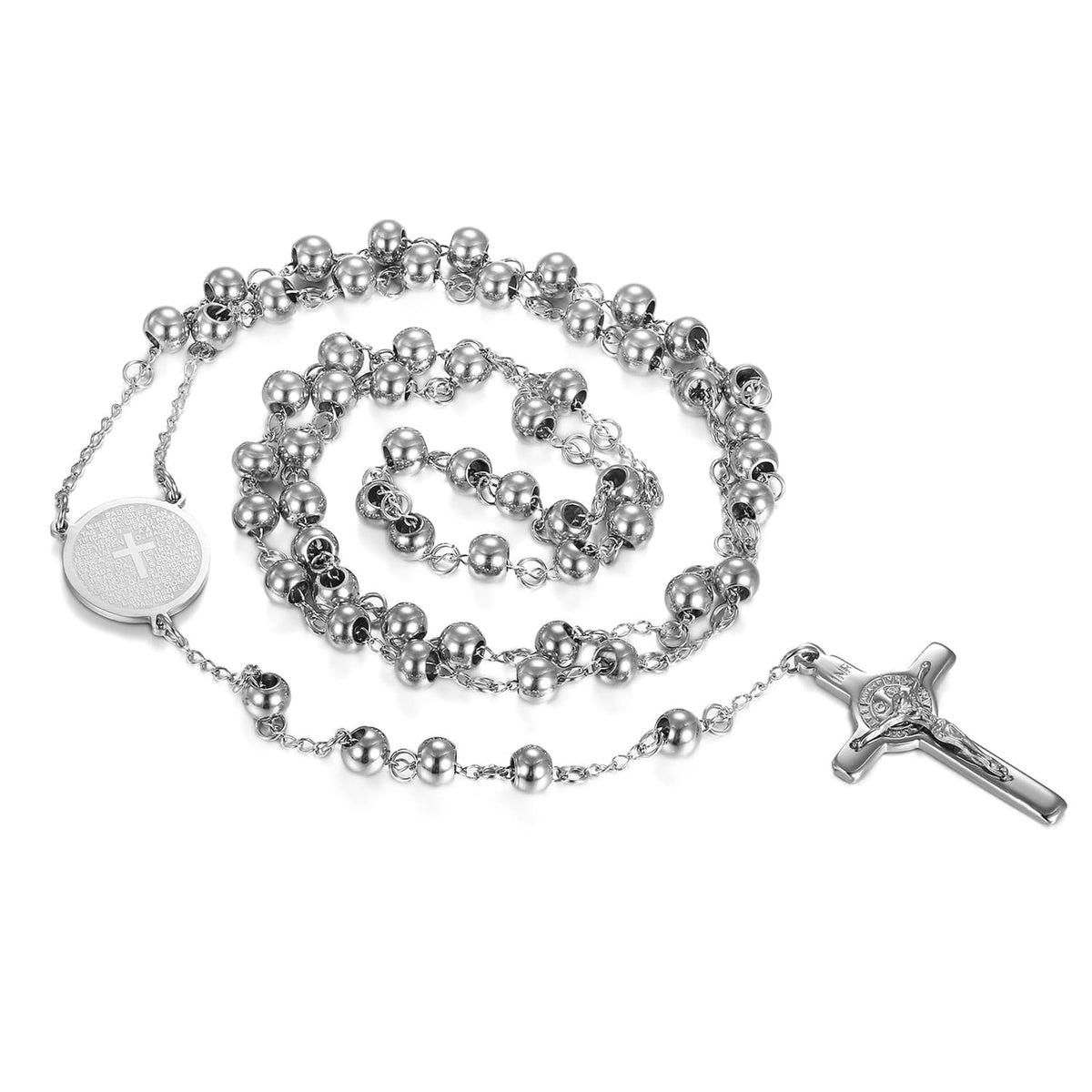 Collier Chapelet Croix Marie et Jésus en Acier Inoxydable 75 cm