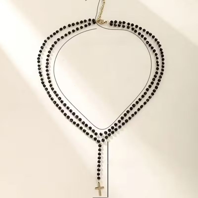 Collier Pendentif Croix Vintage Double Couche à Perles Noires