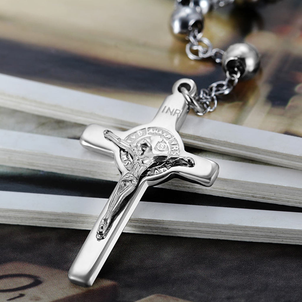 Collier Chapelet Croix Marie et Jésus en Acier Inoxydable 75 cm