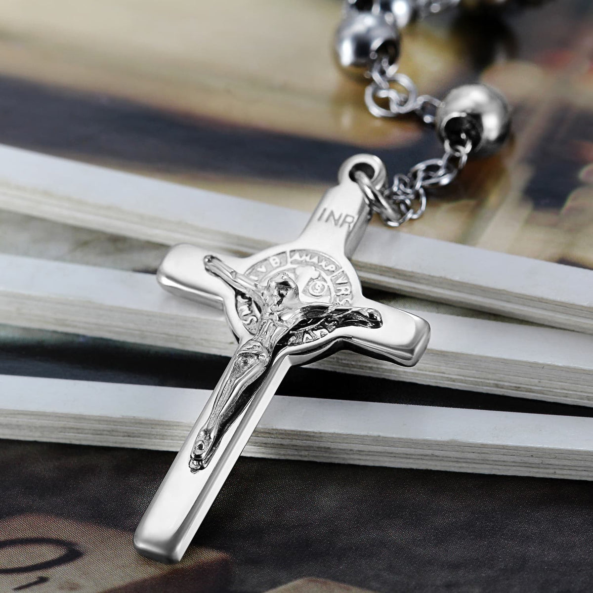 Collier Chapelet Croix Marie et Jésus en Acier Inoxydable 75 cm