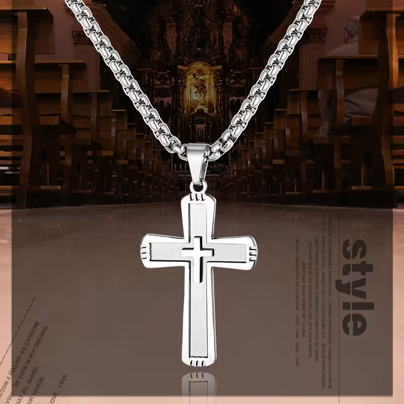 Collier Pendentif Croix Givrée en Acier Inoxydable Unisexe