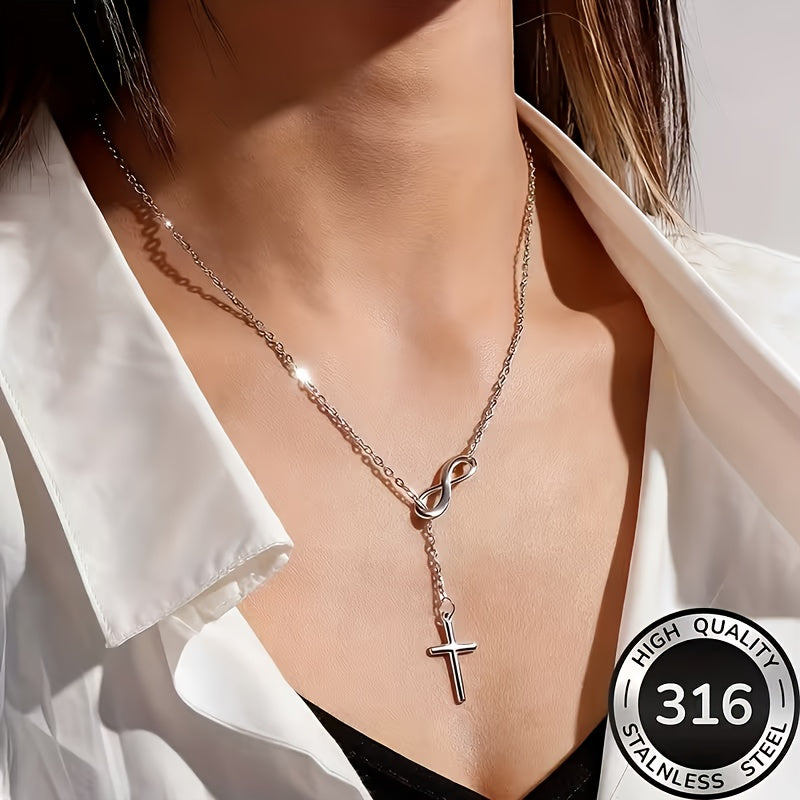 Collier Chapelet Croix en Y en Acier Inoxydable pour Femme
