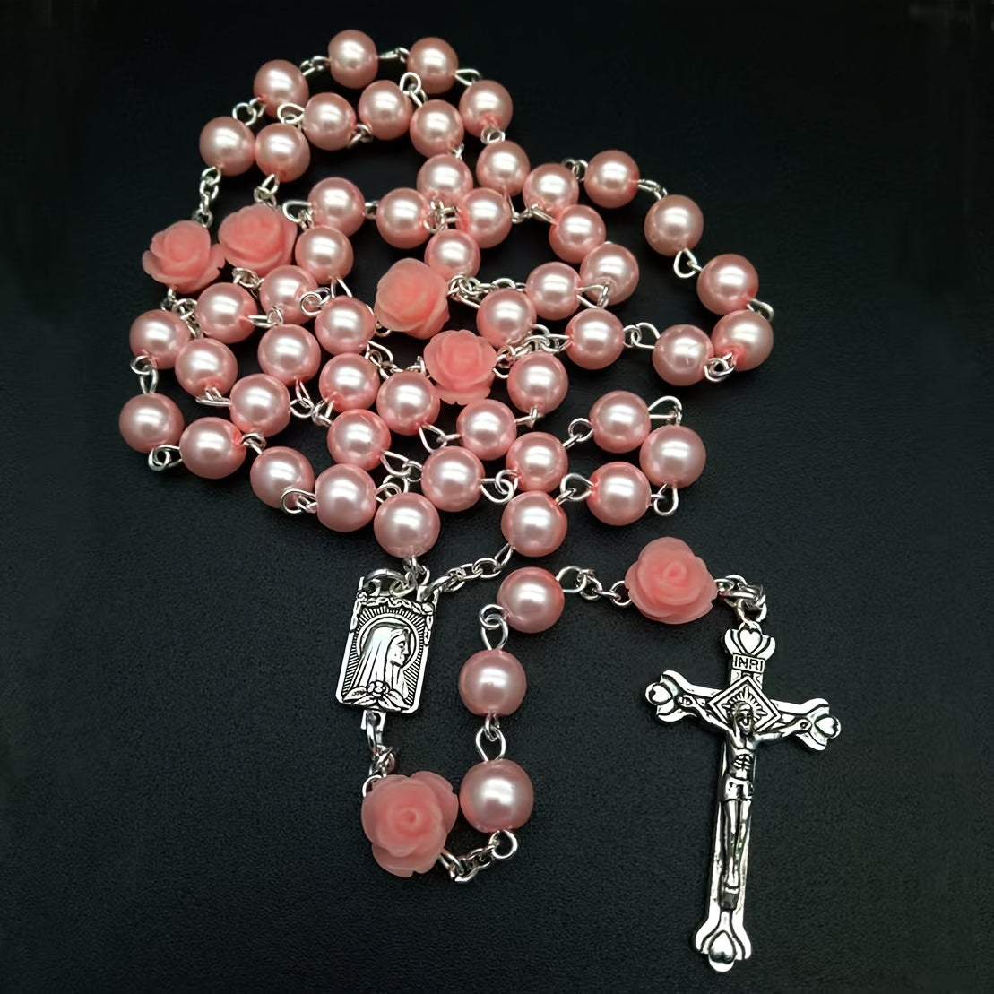 Collier Chapelet Croix Vintage en Résine Rose
