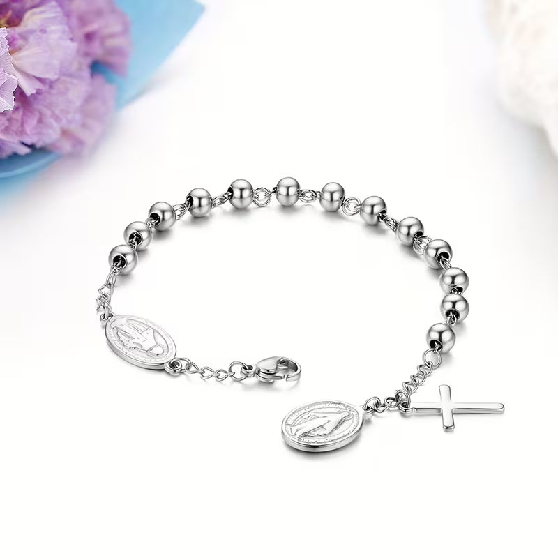 Bracelet Rosaire Croix en Acier Inoxydable Ajustable Unisexe