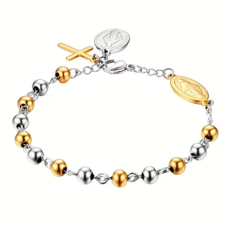 Bracelet Rosaire Croix en Acier Inoxydable Ajustable Unisexe