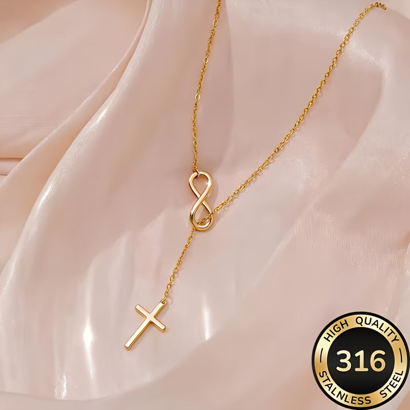 Collier Chapelet Croix en Y en Acier Inoxydable pour Femme