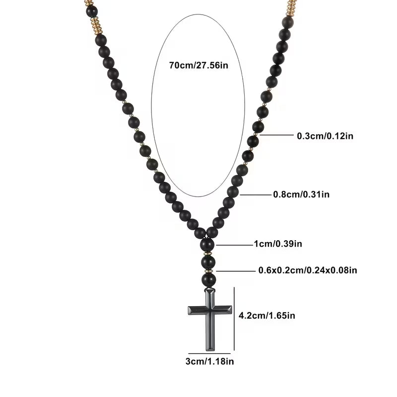 Collier Pendentif Croix Dorée en Perles Noires pour Homme