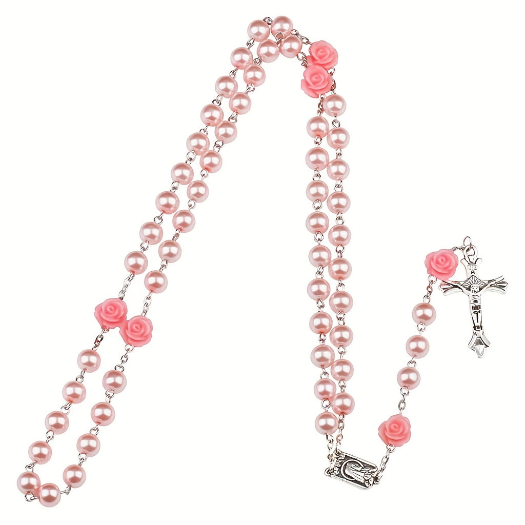 Collier Chapelet Croix Vintage en Résine Rose