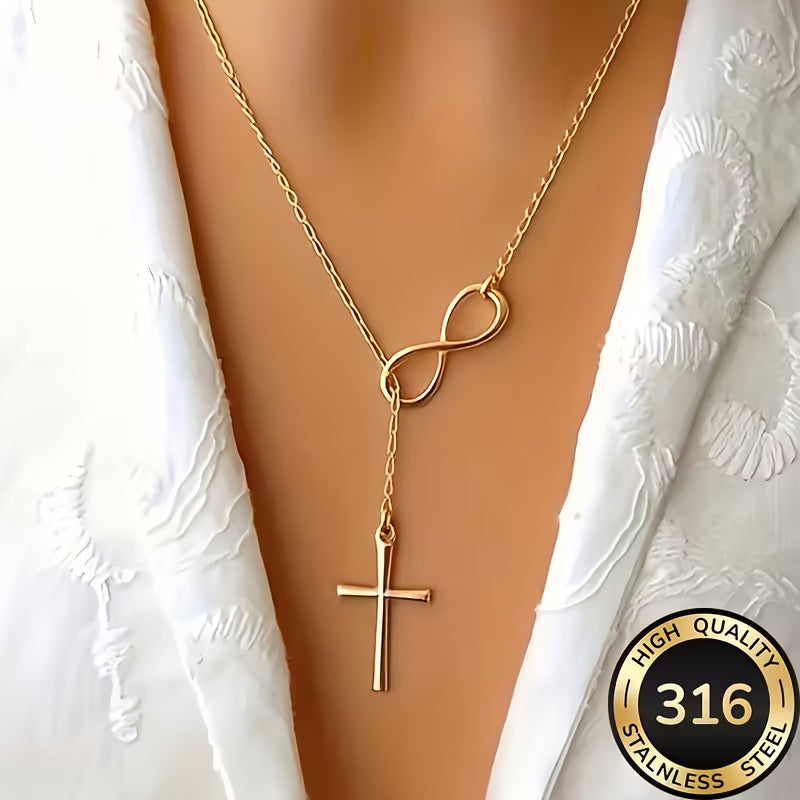 Collier Chapelet Croix en Y en Acier Inoxydable pour Femme