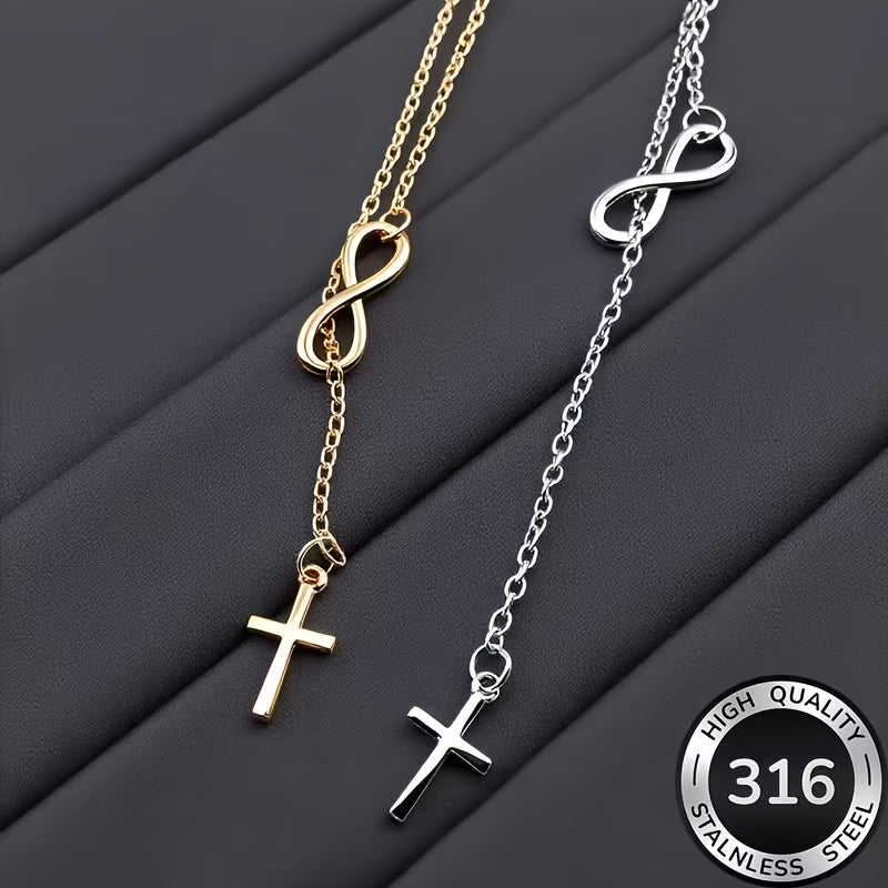 Collier Chapelet Croix en Y en Acier Inoxydable pour Femme