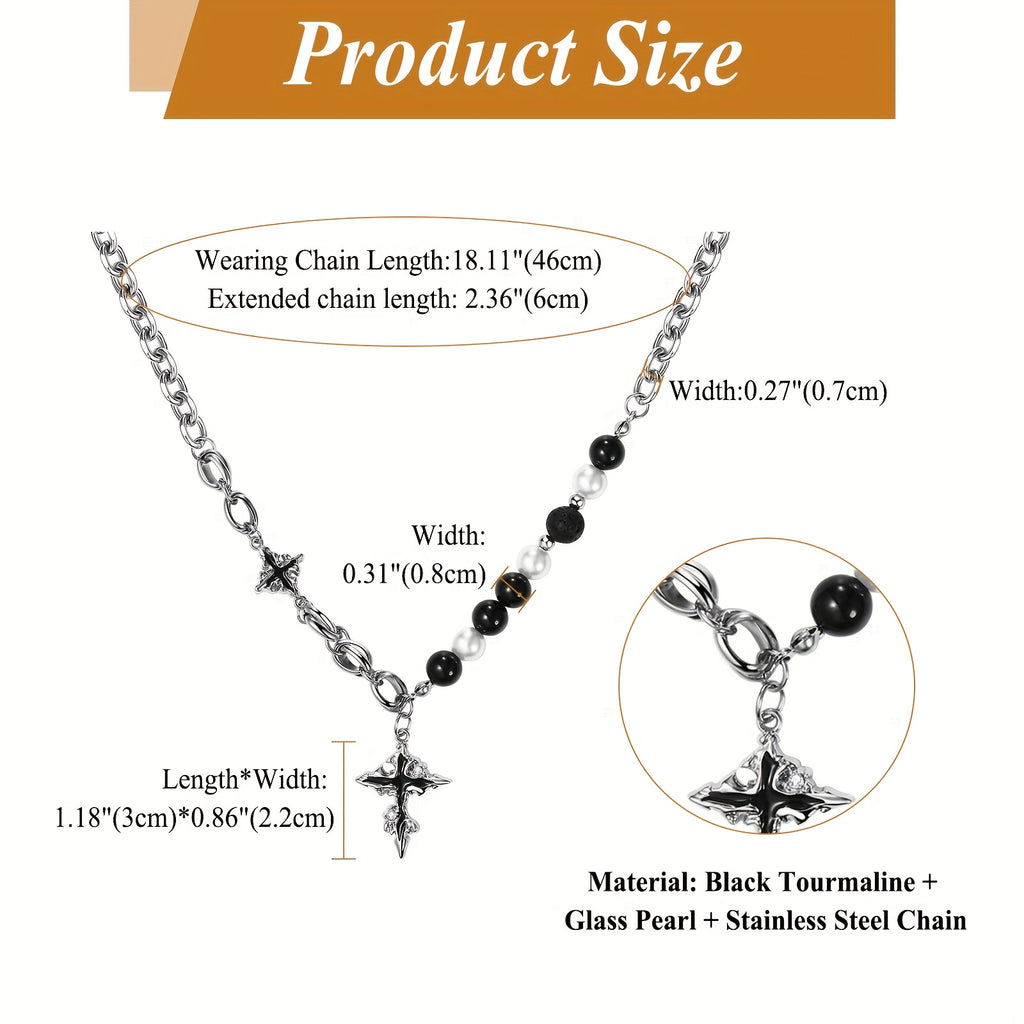 Collier Pendentif Croix en Obsidienne Noire Ajustable Unisexe