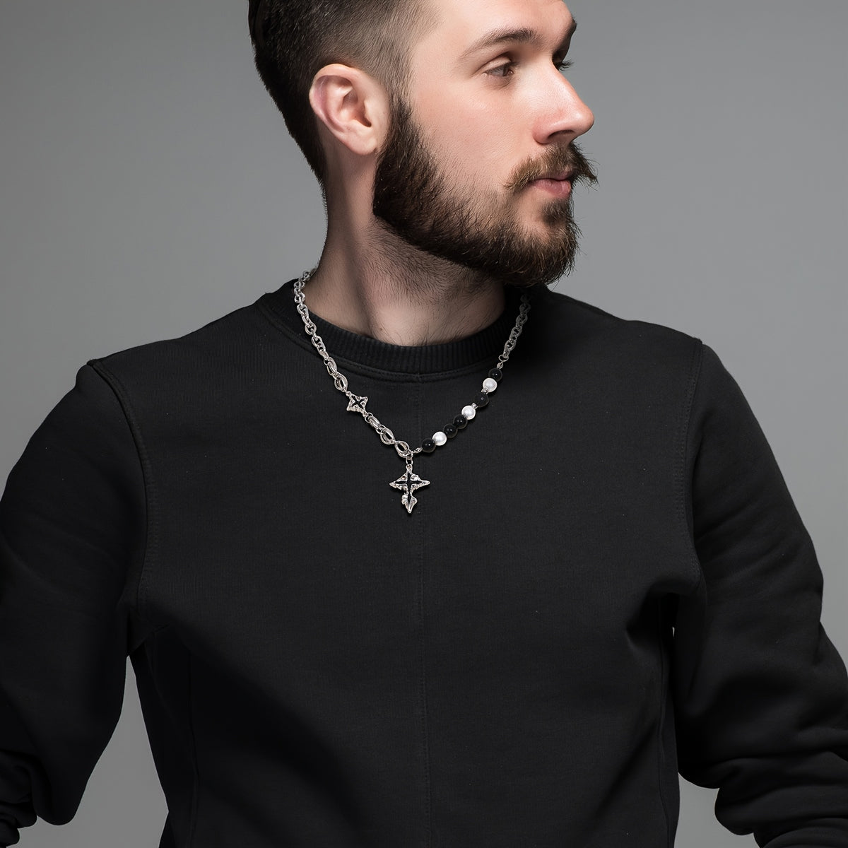 Collier Pendentif Croix en Obsidienne Noire Ajustable Unisexe
