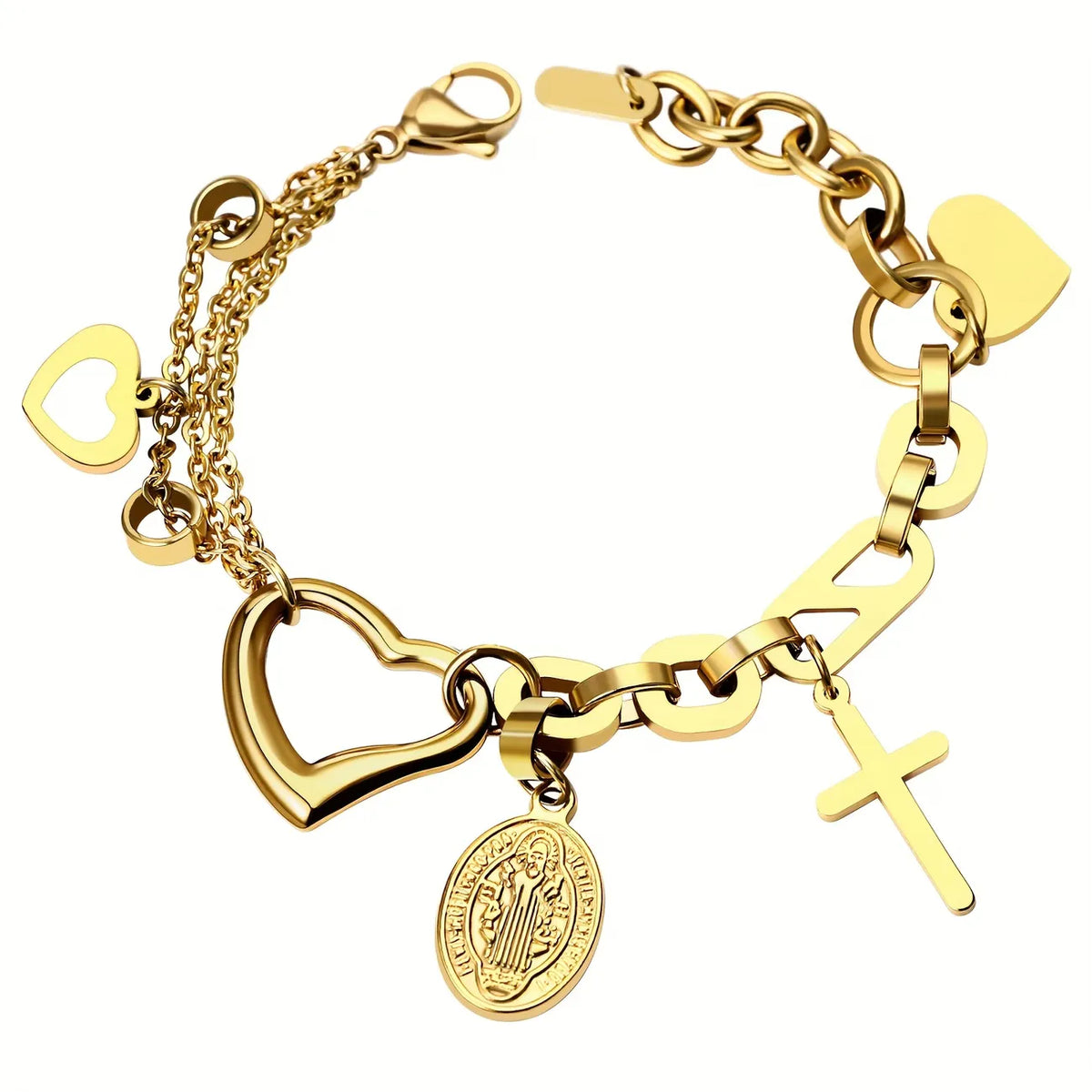 Bracelet Croix Cœur Creux en Acier Inoxydable pour Femme