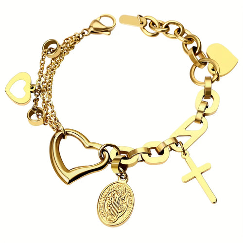 Bracelet Croix Cœur Creux en Acier Inoxydable pour Femme
