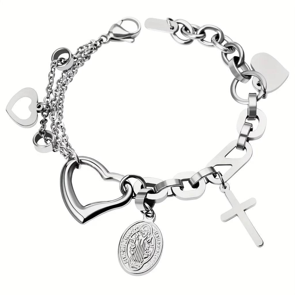 Bracelet Croix Cœur Creux en Acier Inoxydable pour Femme