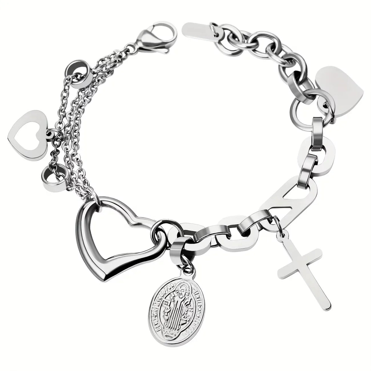 Bracelet Croix Cœur Creux en Acier Inoxydable pour Femme