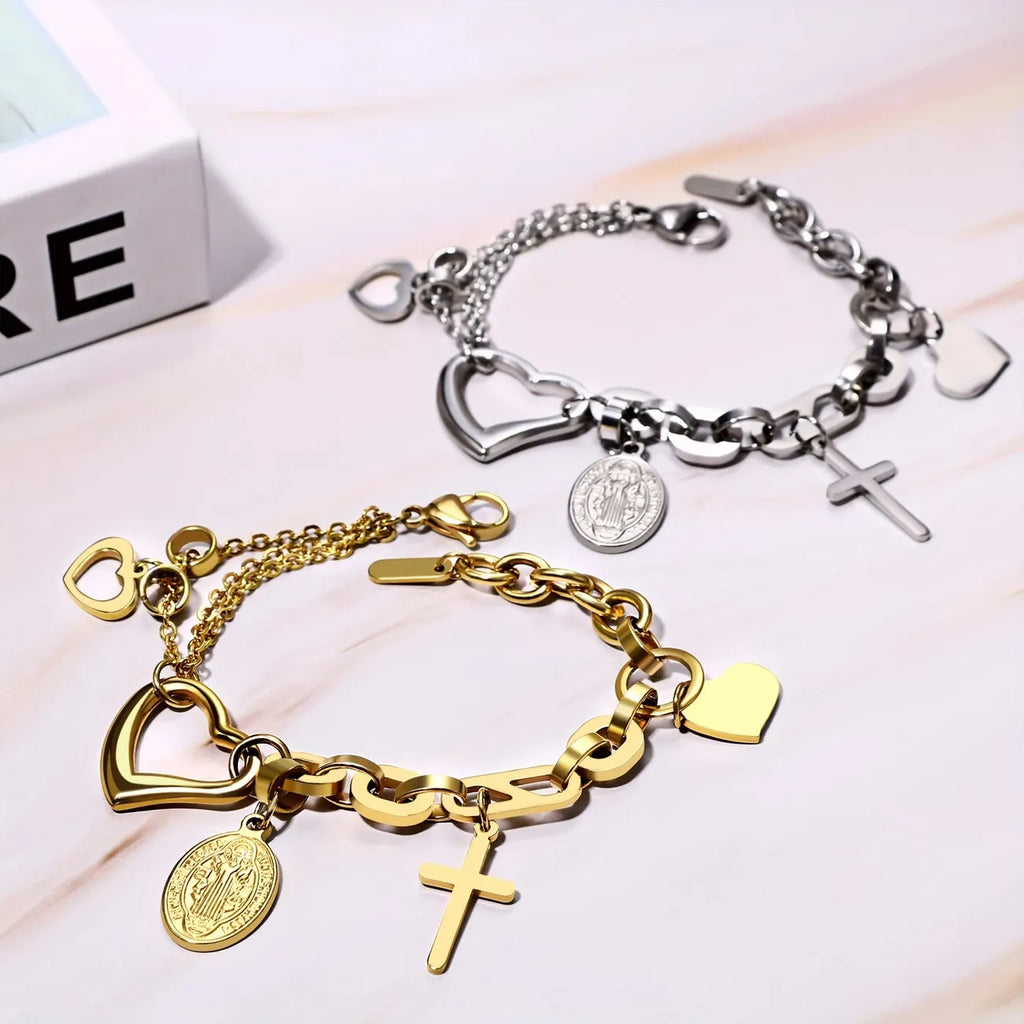 Bracelet Croix Cœur Creux en Acier Inoxydable pour Femme