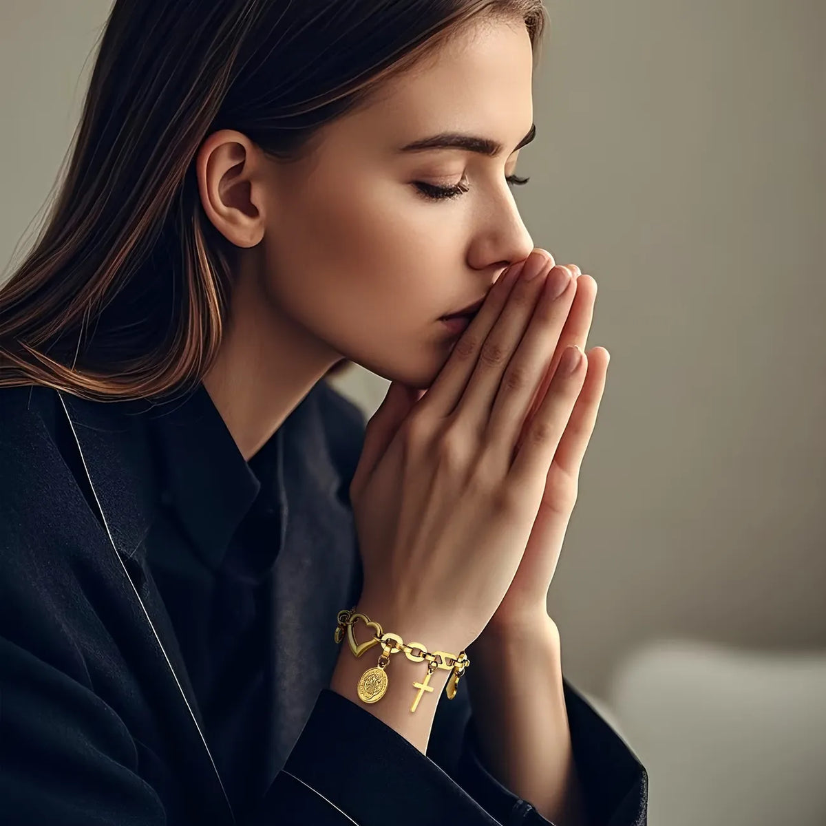 Bracelet Croix Cœur Creux en Acier Inoxydable pour Femme