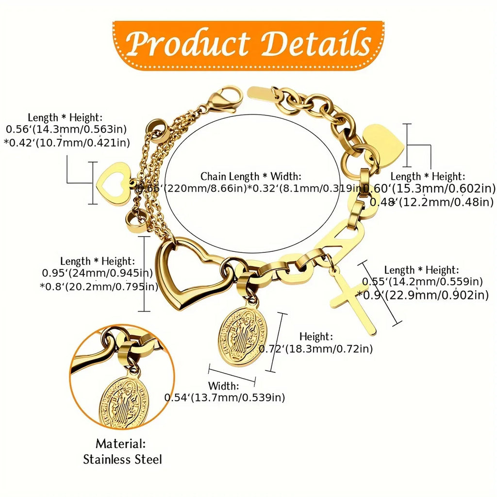 Bracelet Croix Cœur Creux en Acier Inoxydable pour Femme