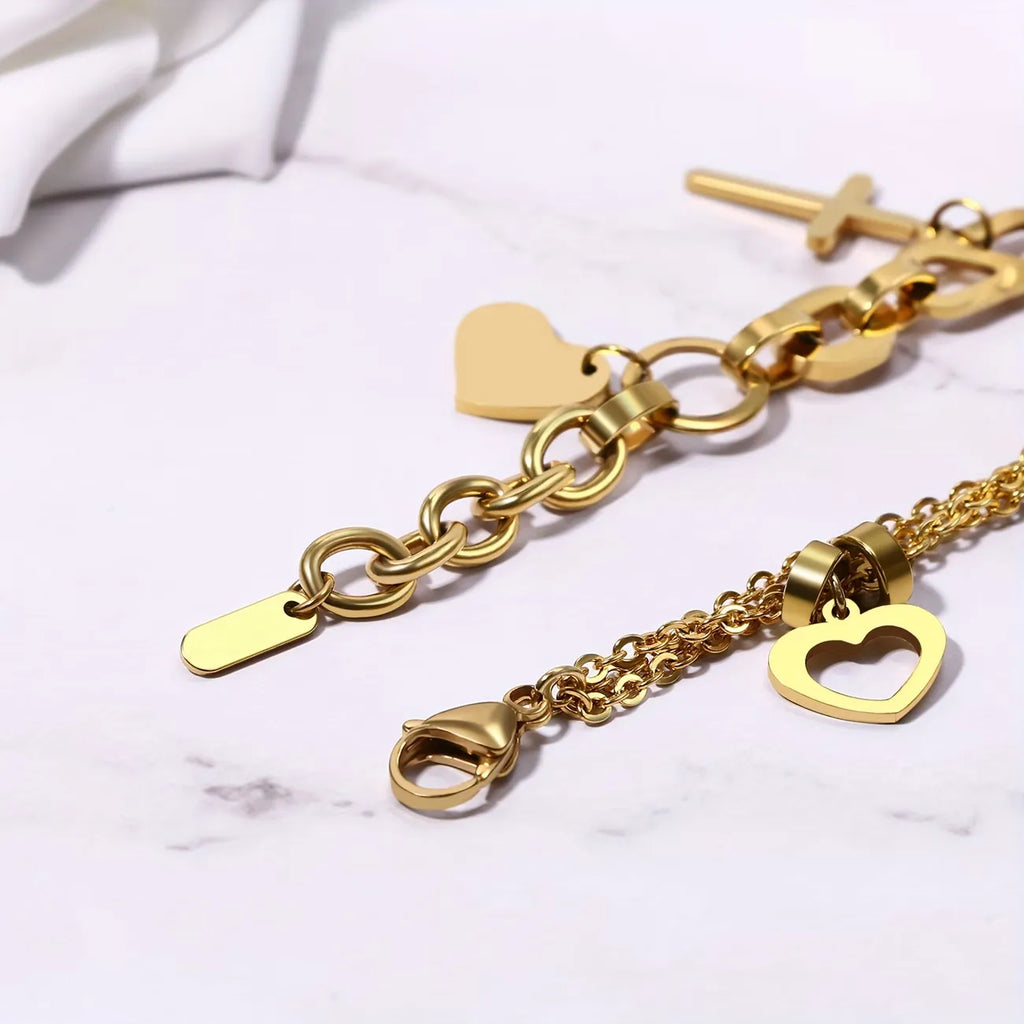 Bracelet Croix Cœur Creux en Acier Inoxydable pour Femme