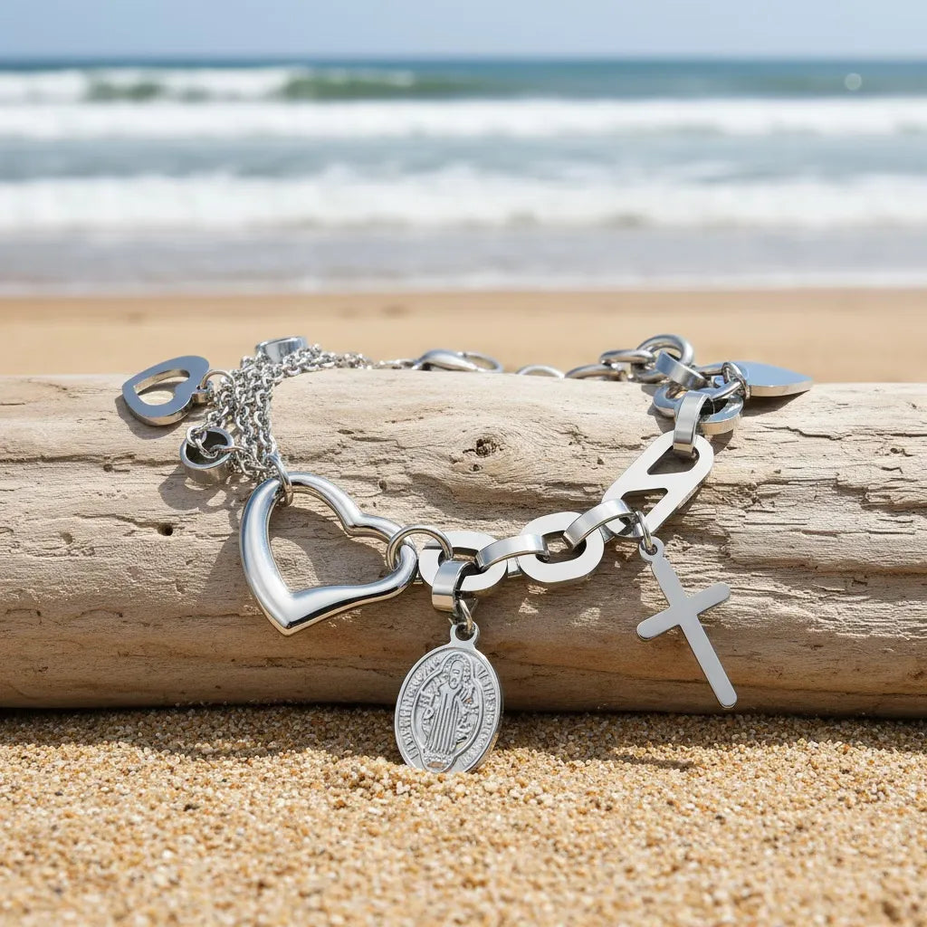 Bracelet Croix Cœur Creux en Acier Inoxydable pour Femme