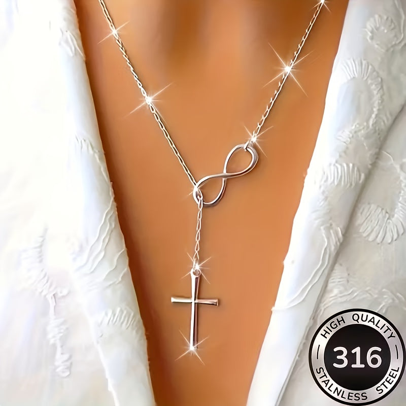 Collier Chapelet Croix en Y en Acier Inoxydable pour Femme