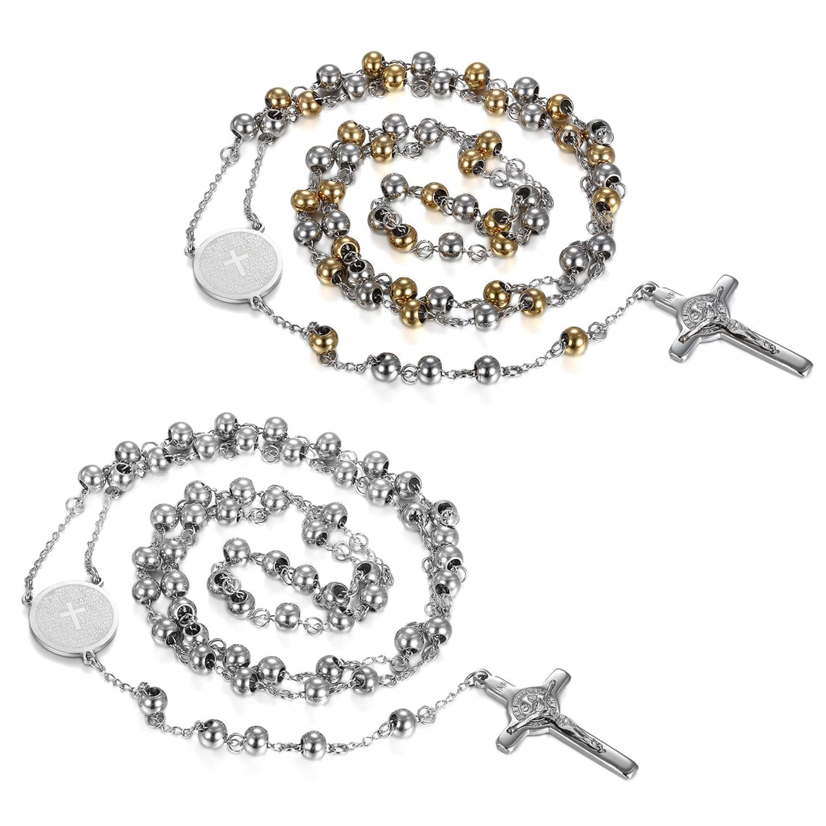 Collier Chapelet Croix Marie et Jésus en Acier Inoxydable 75 cm