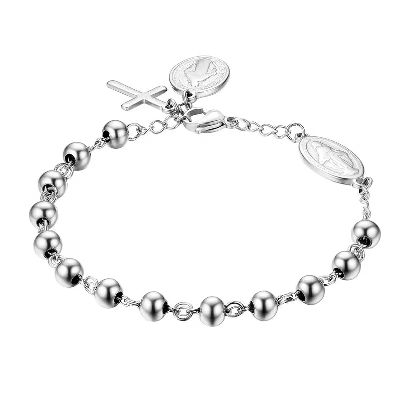 Bracelet Rosaire Croix en Acier Inoxydable Ajustable Unisexe