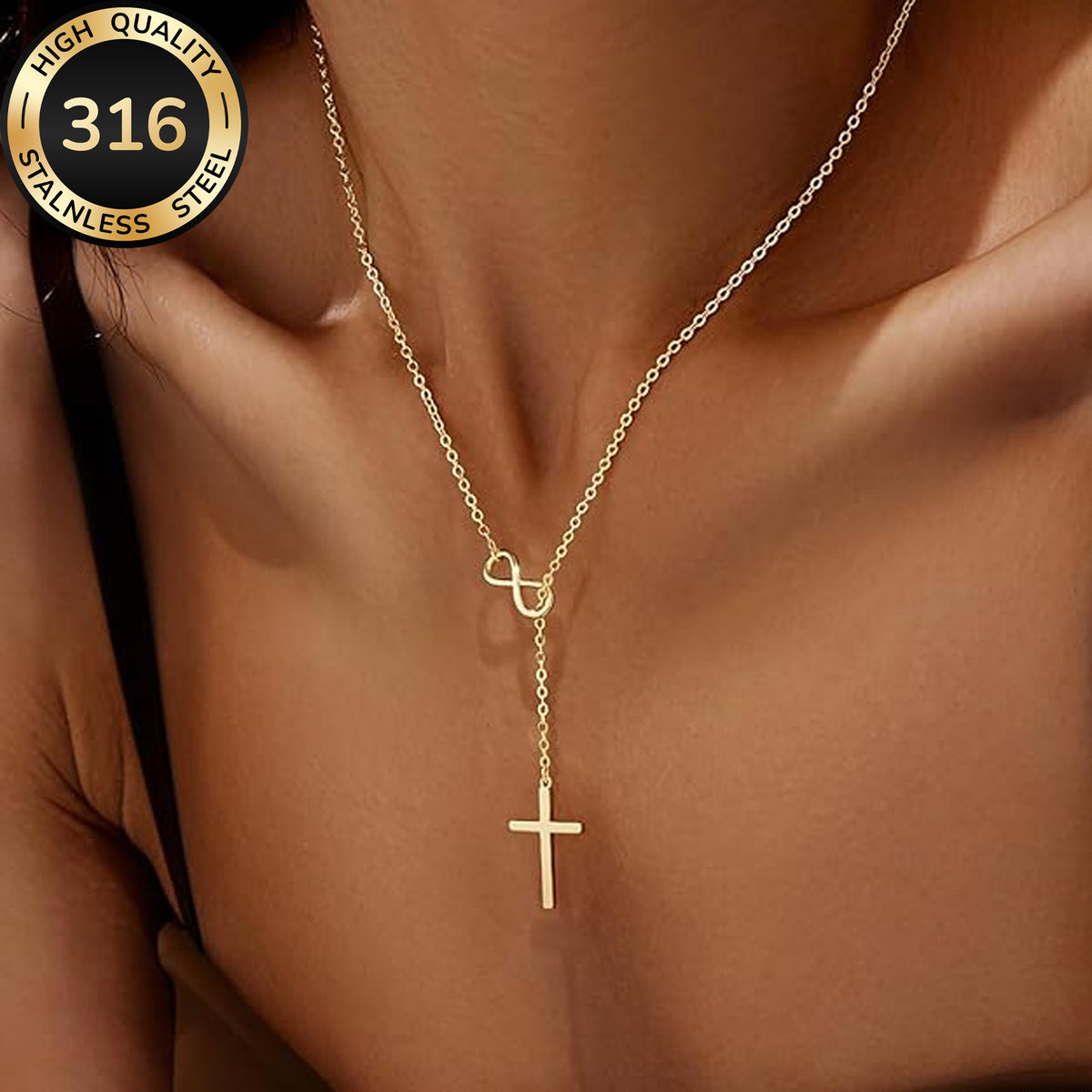 Collier Chapelet Croix en Y en Acier Inoxydable pour Femme