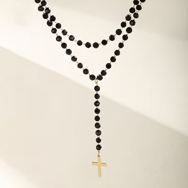 Collier Pendentif Croix Vintage Double Couche à Perles Noires