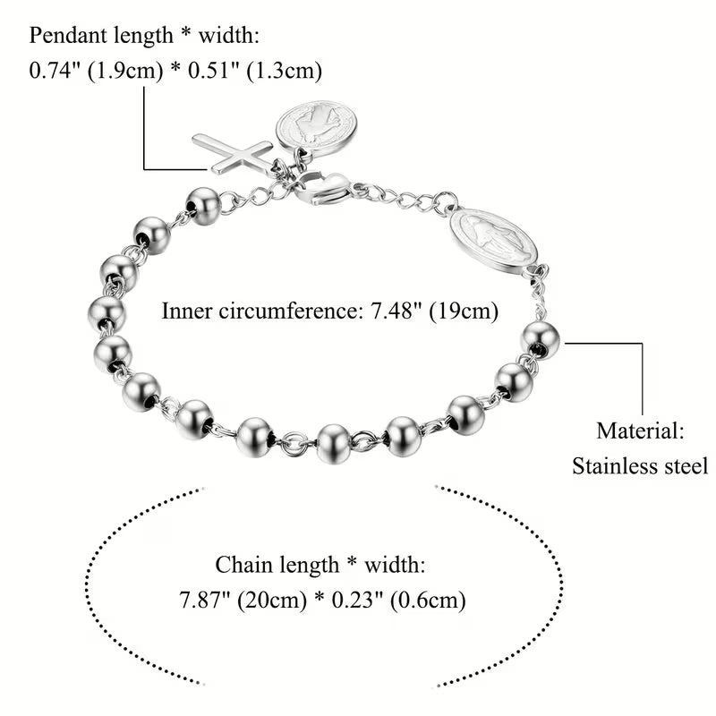 Bracelet Rosaire Croix en Acier Inoxydable Ajustable Unisexe