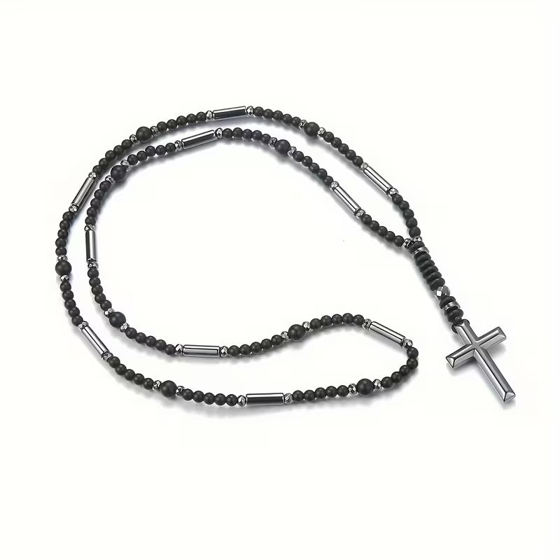 Collier Pendentif Croix en Perles Noires 4 mm pour Homme